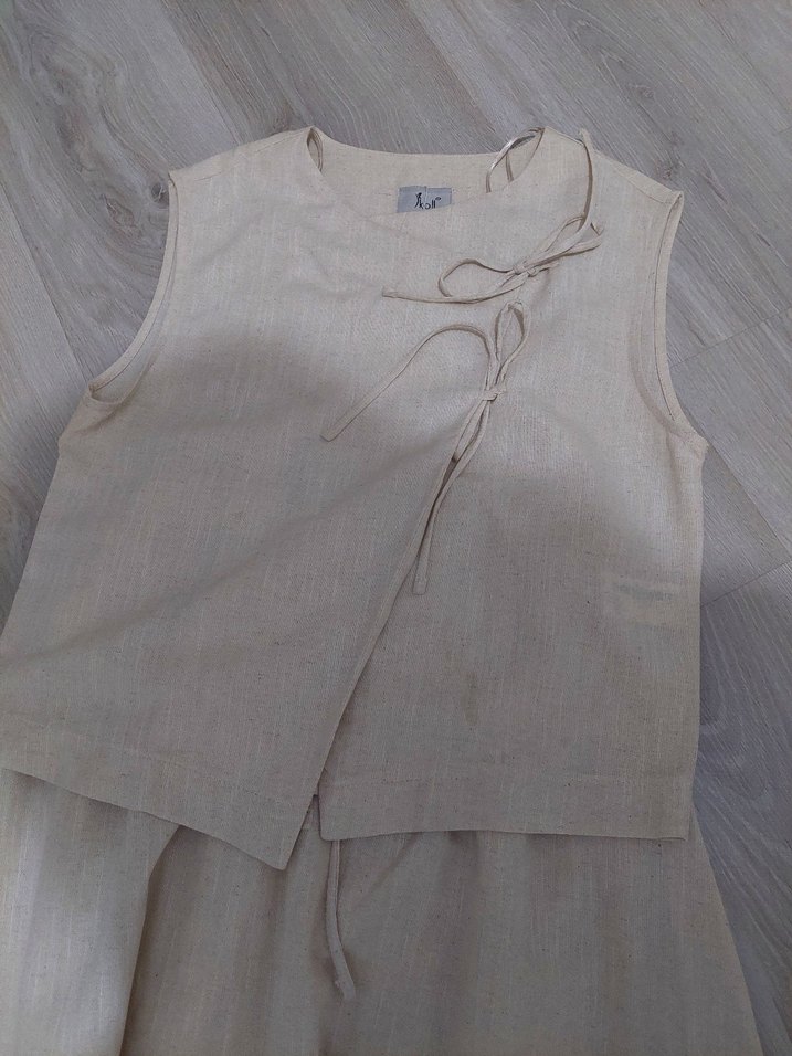 Bej Keten Uzun Bohem Elbise - Görsel 3