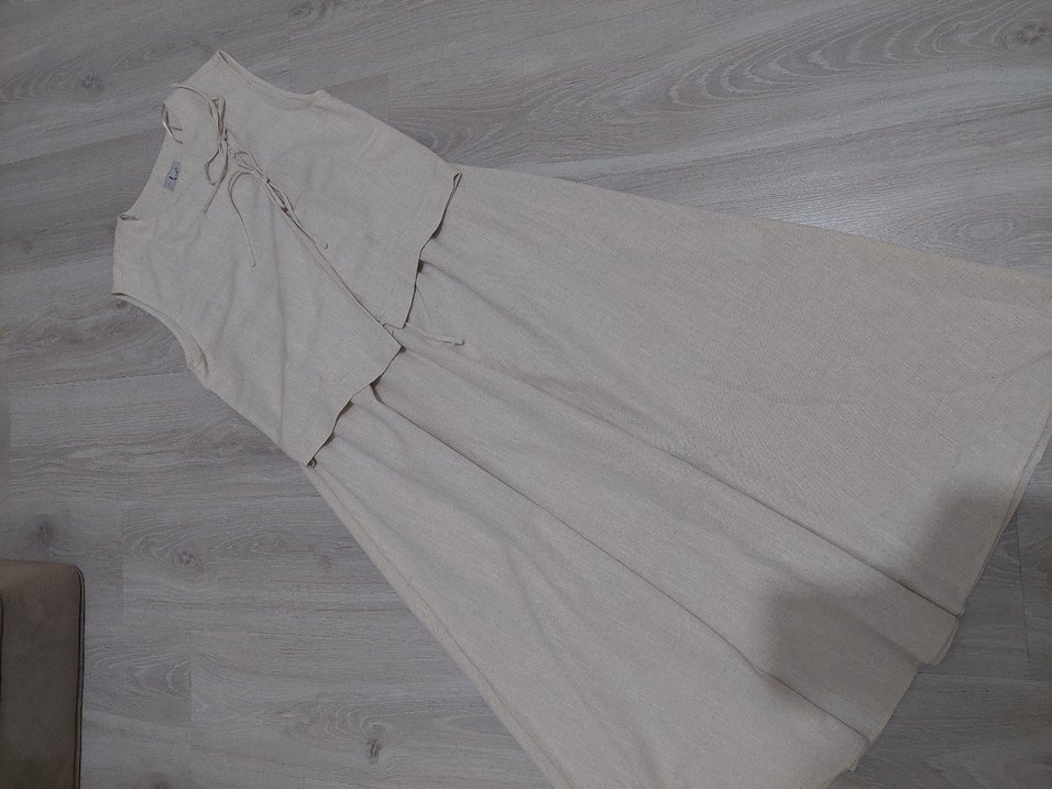 Bej Keten Uzun Bohem Elbise - Görsel 2