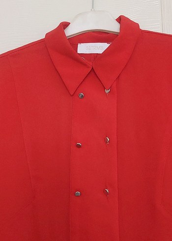 Düğmeli Kırmızı Uzun Kadın Tunik - Görsel 2