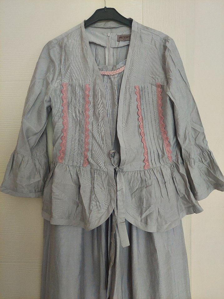 Gri Keten Uzun Piliseli Elbise/ jile - Görsel 3