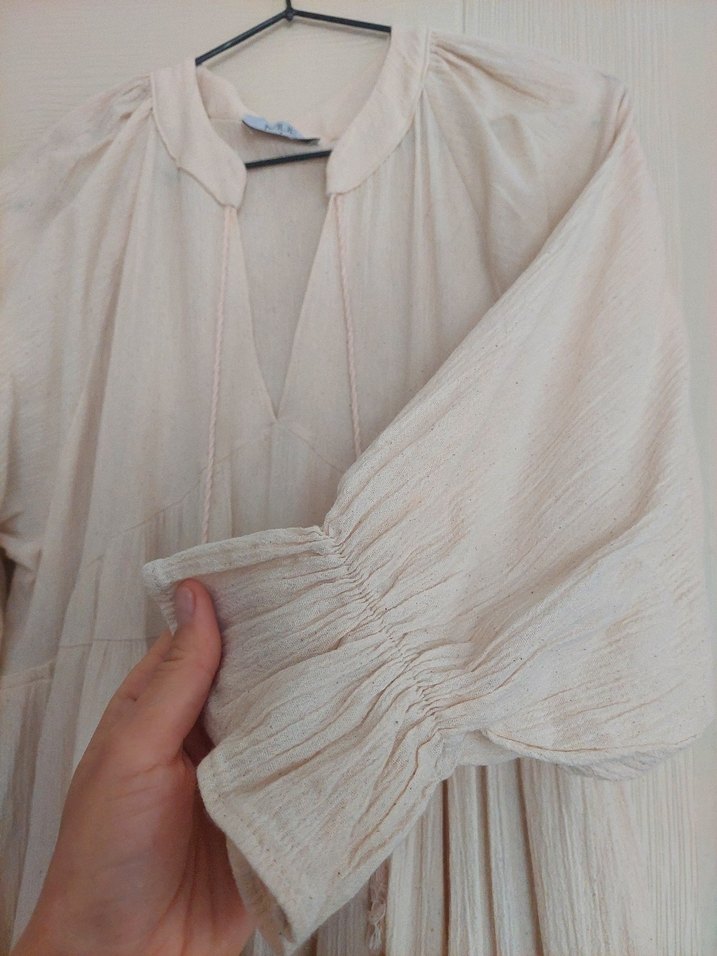 Bej Uzun Bohem Keten Elbise - Görsel 2