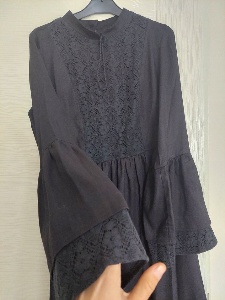 Nakışlı Siyah Uzun Keten Elbise - Görsel 2