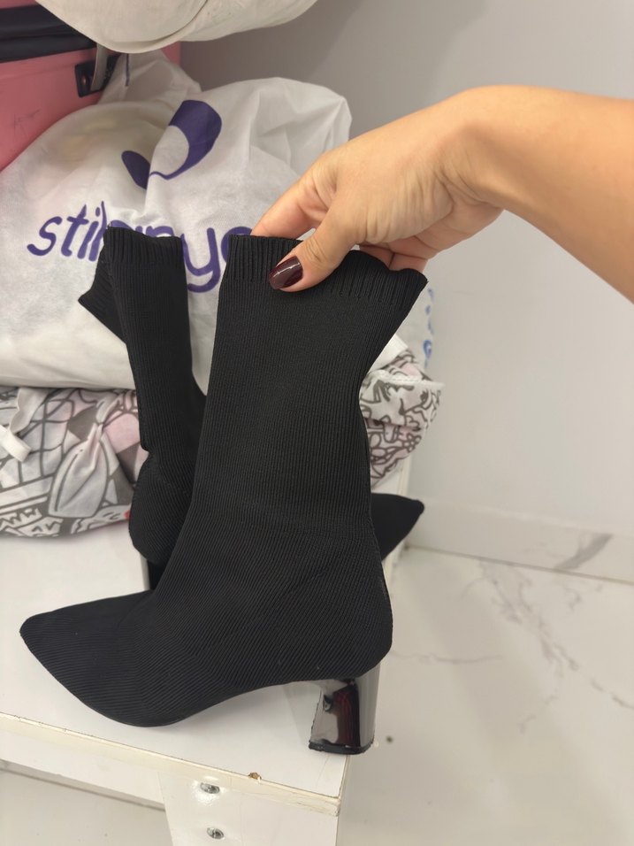 Siyah Triko Stiletto Topuklu Kadın Bot - Görsel 3