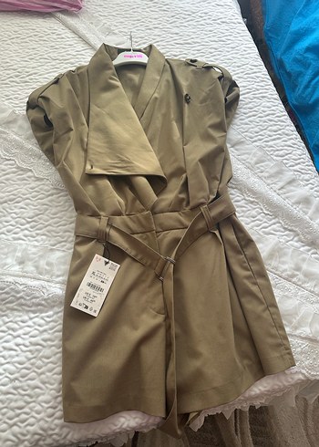 Kemerli Bej Kadın Keten Tulum - Görsel 3