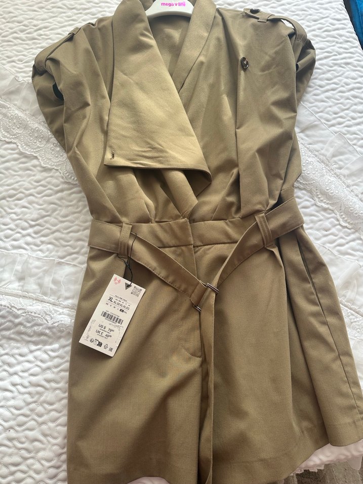 Kemerli Bej Kadın Keten Tulum - Görsel 2