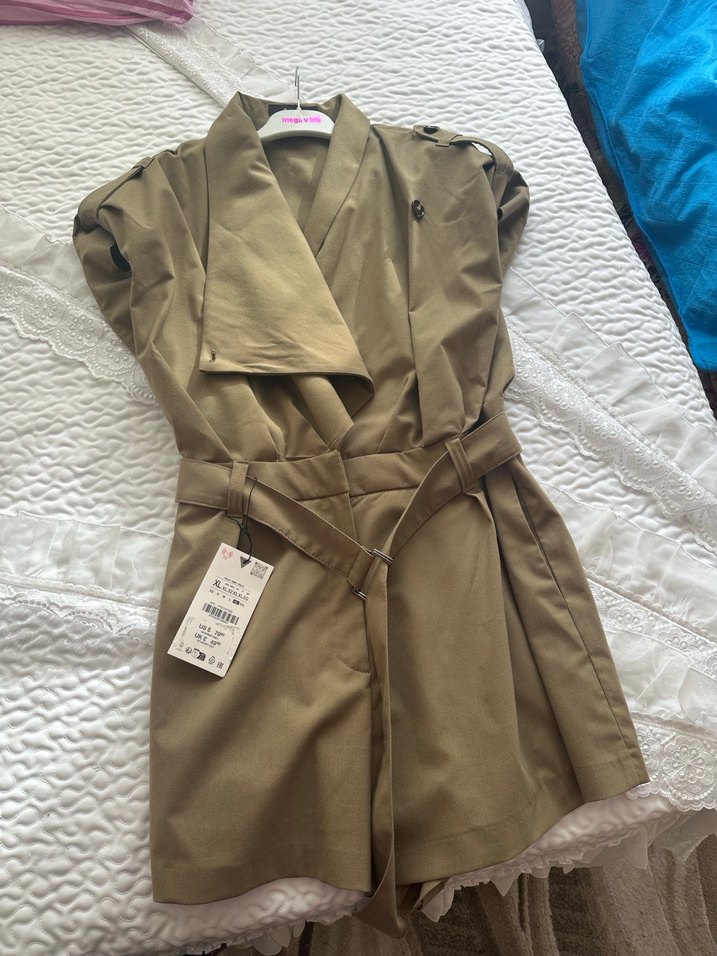 Kemerli Bej Kadın Keten Tulum - Görsel 3