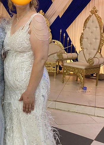 44 Beden Drapeli Beyaz Uzun V Yaka Nişan Elbisesi