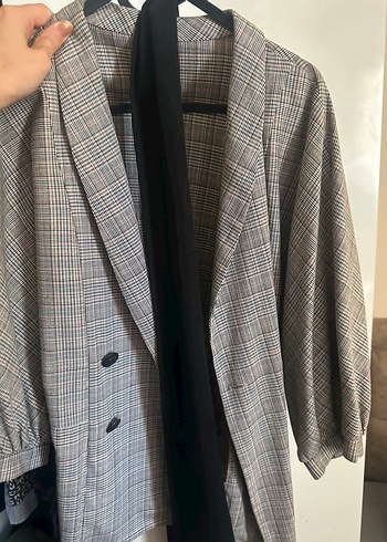 Zara Gri Ekose Uzun Kollu Blazer Ceket Kusakli