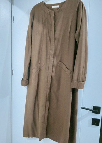 Bej Uzun Düğmeli Kadın Keten Kaban - Görsel 2