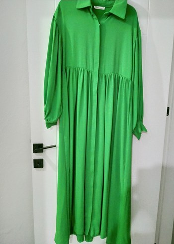 Yeşil Uzun Kollu Salaş Keten Elbise - Görsel 4