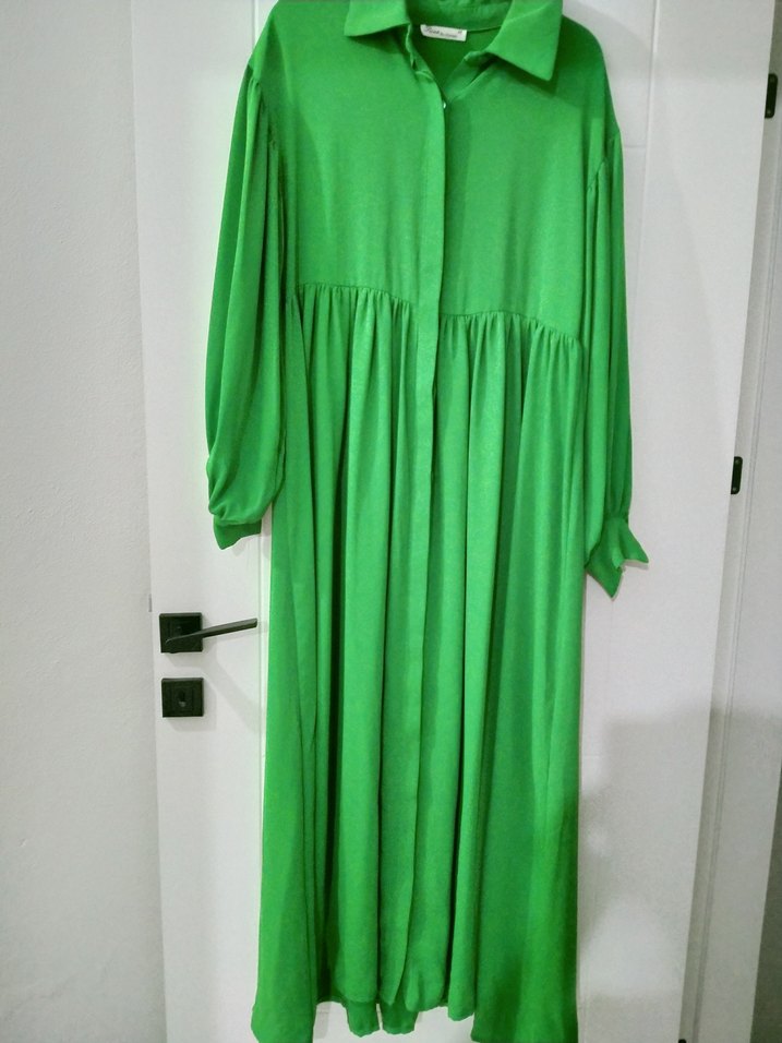 Yeşil Uzun Kollu Salaş Keten Elbise - Görsel 4