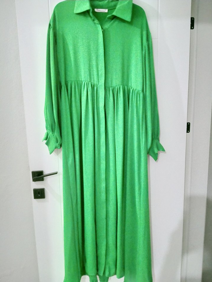 Yeşil Uzun Kollu Salaş Keten Elbise - Görsel 2