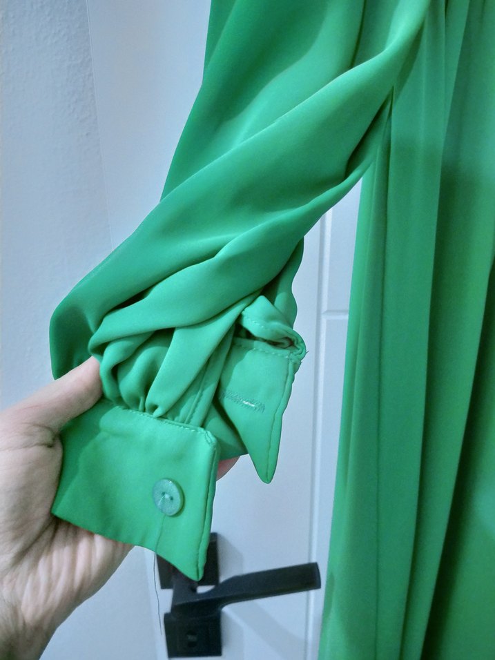 Yeşil Uzun Kollu Salaş Keten Elbise - Görsel 3