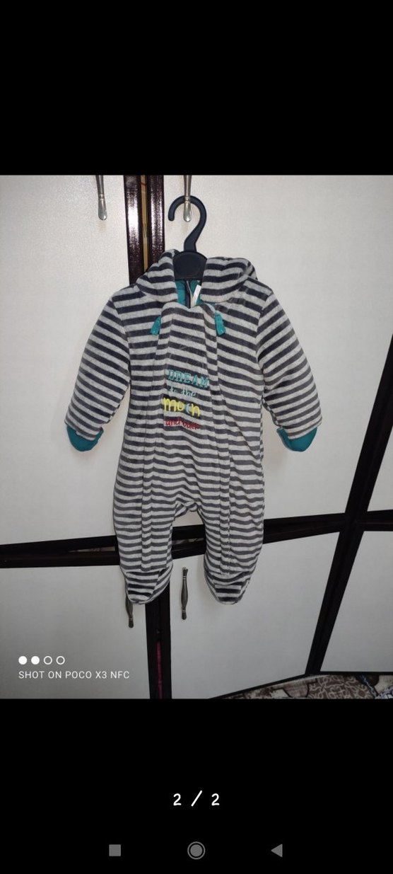 Gri Çizgili Bebek Tulumu Velcro Kapamalı - Görsel 2