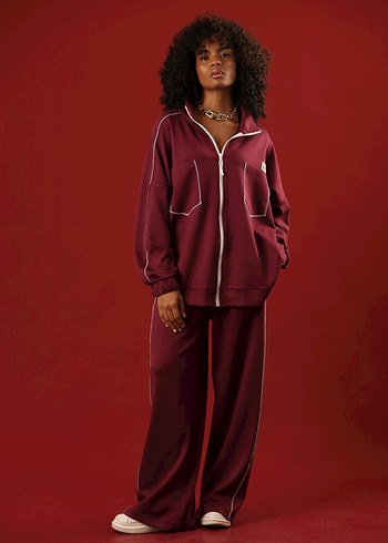 Diğer Bordo Kadın Fermuarlı Sweatshirt Takım