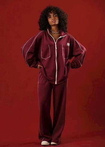 m Beden Bordo Kadın Fermuarlı Sweatshirt Takım