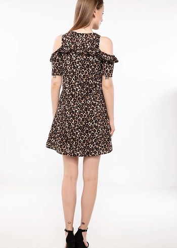 Kahverengi Leopar Desenli Volanlı Midi Elbise - Görsel 5