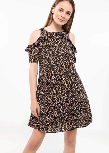Kahverengi Leopar Desenli Volanlı Midi Elbise - Görsel 7