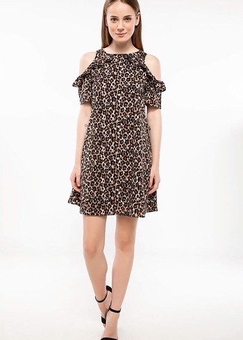 Kahverengi Leopar Desenli Volanlı Midi Elbise - Görsel 6