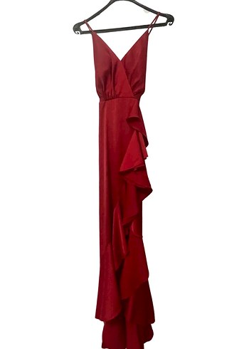 Kırmızı Drapeli Uzun Abiye Elbise - Görsel 2