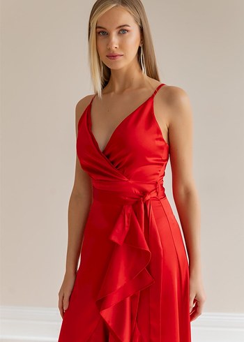 Kırmızı Drapeli Uzun Abiye Elbise - Görsel 7