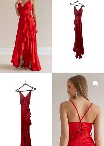 Kırmızı Drapeli Uzun Abiye Elbise - Görsel 5