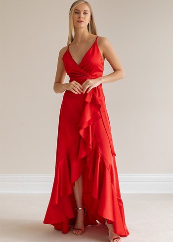Kırmızı Drapeli Uzun Abiye Elbise - Görsel 6