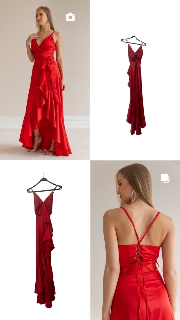 Kırmızı Drapeli Uzun Abiye Elbise - Görsel 5
