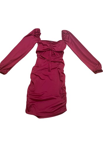 Bordo Drapeli Kadın Midi Elbise - Görsel 2