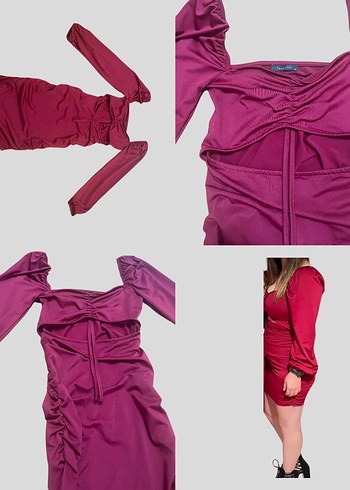 Bordo Drapeli Kadın Midi Elbise - Görsel 5