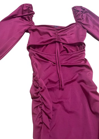 Bordo Drapeli Kadın Midi Elbise - Görsel 3