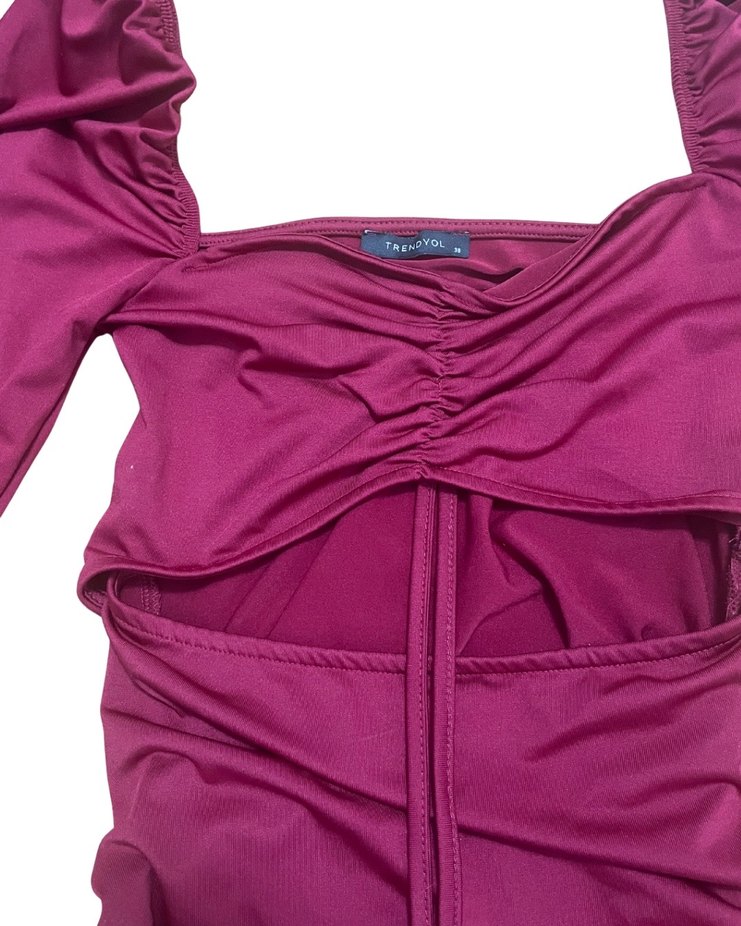 Bordo Drapeli Kadın Midi Elbise - Görsel 4