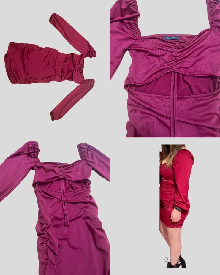 Bordo Drapeli Kadın Midi Elbise - Görsel 5