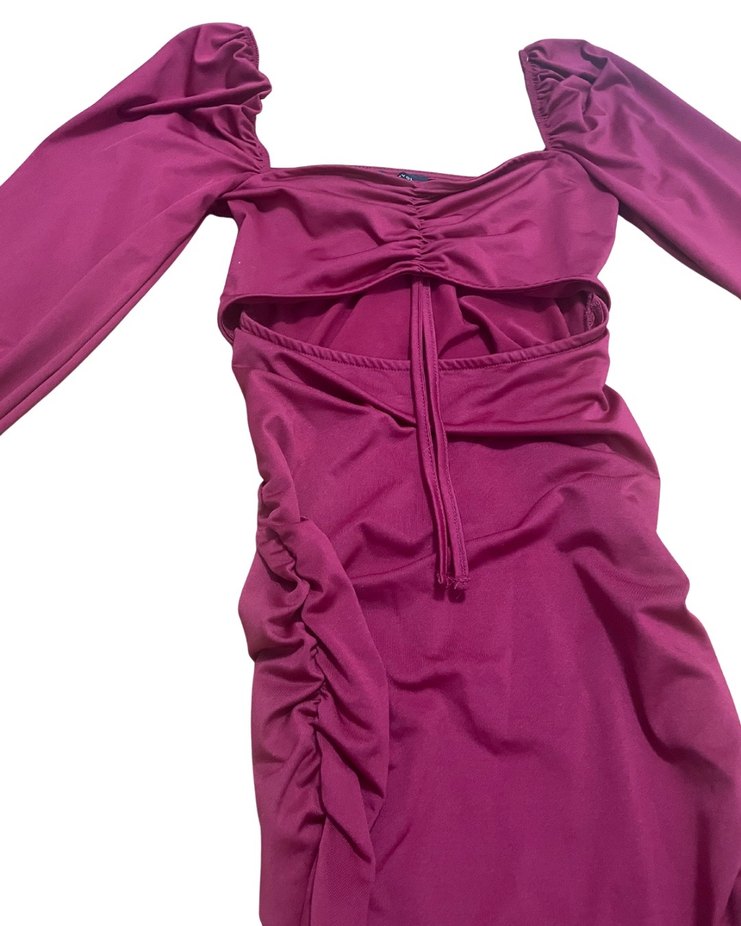 Bordo Drapeli Kadın Midi Elbise - Görsel 3