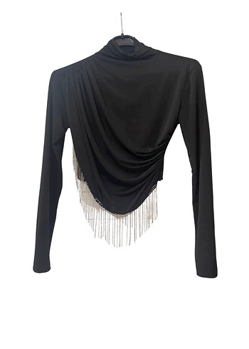 Siyah Parlak Taşlı Mini Balıkçı Yaka Bluz - Görsel 2