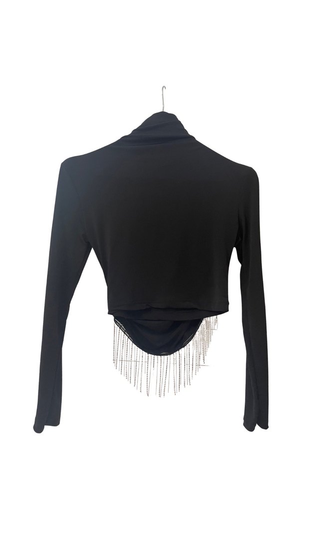 Siyah Parlak Taşlı Mini Balıkçı Yaka Bluz - Görsel 3