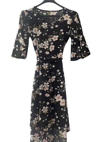 Çiçek Desenli Siyah Midi Elbise - Görsel 3