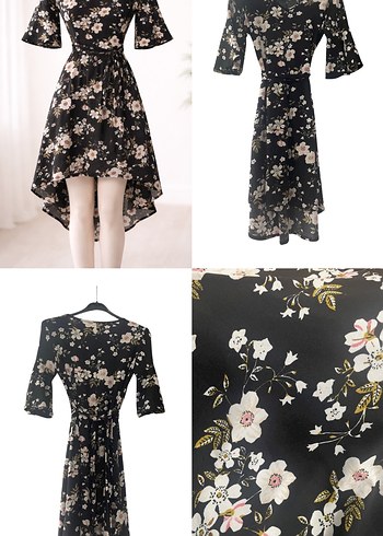 Çiçek Desenli Siyah Midi Elbise - Görsel 2