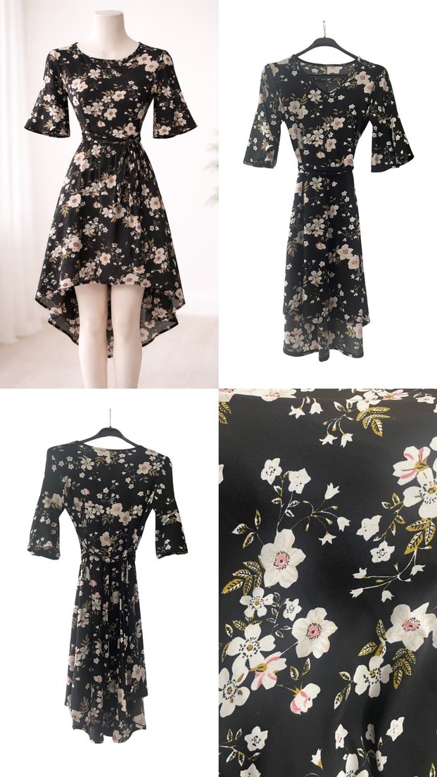 Çiçek Desenli Siyah Midi Elbise - Görsel 2