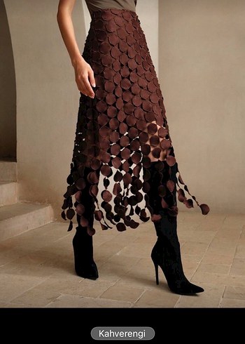 Bordo Bağlama Desenli Uzun Drapeli Etek - Görsel 5