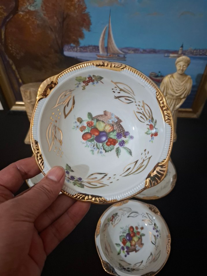 Altın Detaylı Meyve Desenli Porselen Kaseler - Görsel 2