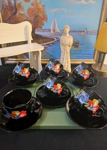 Çiçek Desenli Siyah Kahve Fincanı Seti - Görsel 2