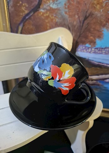 Çiçek Desenli Siyah Kahve Fincanı Seti - Görsel 4