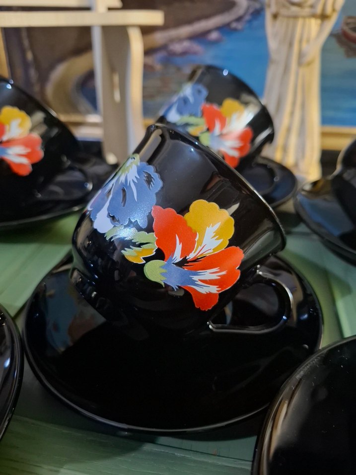 Çiçek Desenli Siyah Kahve Fincanı Seti - Görsel 3