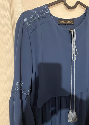 Uzun Kollu Lacivert Nakışlı Bohem Elbise - Görsel 2