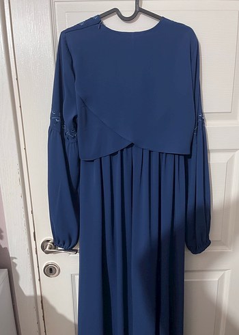 Uzun Kollu Lacivert Nakışlı Bohem Elbise - Görsel 4