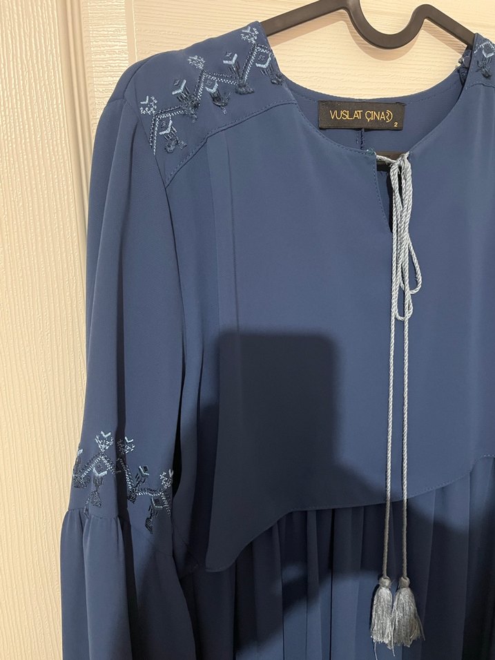 Uzun Kollu Lacivert Nakışlı Bohem Elbise - Görsel 2