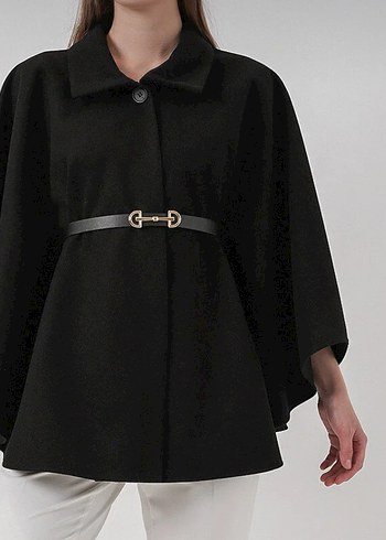 Kemer Detaylı Siyah Deri Kadın Panço - Görsel 2