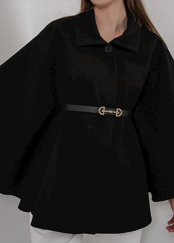 Kemer Detaylı Siyah Deri Kadın Panço - Görsel 3