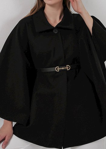 Kemer Detaylı Siyah Deri Kadın Panço - Görsel 4